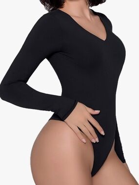 Women's Black V-Neck Long Sleeve Bodysuit